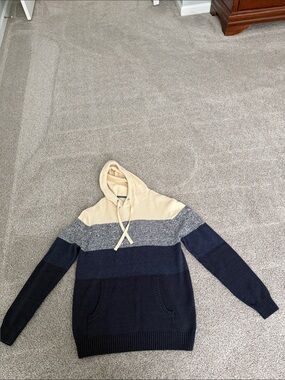 Commerce Men's Striped Hooded Cardigan Sweater in Cream and Navy